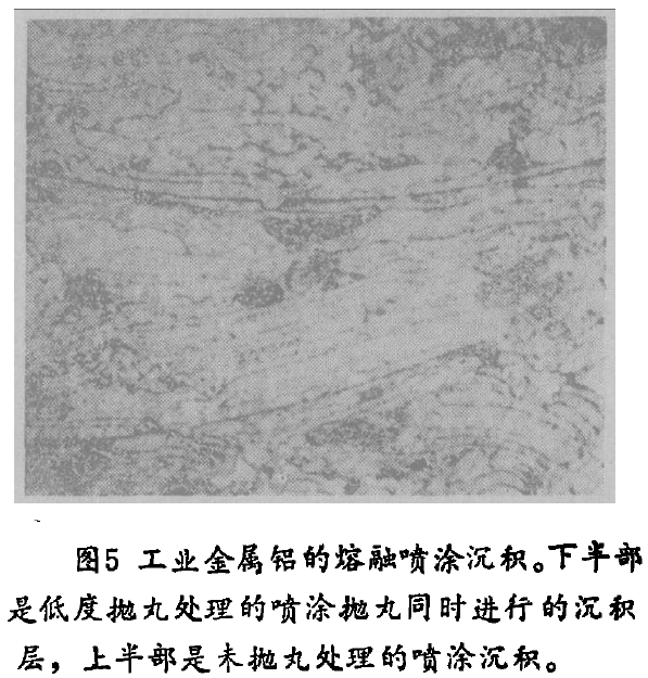 图5工业金属铝的熔融喻涂沉积。下丰部是低度抛丸处理的喻涂抛丸同时进行的沉积层,上半部是未抛丸处理的喷涂沉积。
